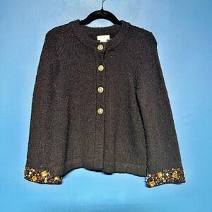 Deadstock Laura Ashley Cardigan Women's Size Petite‎ Small Black Wool Blend Knit